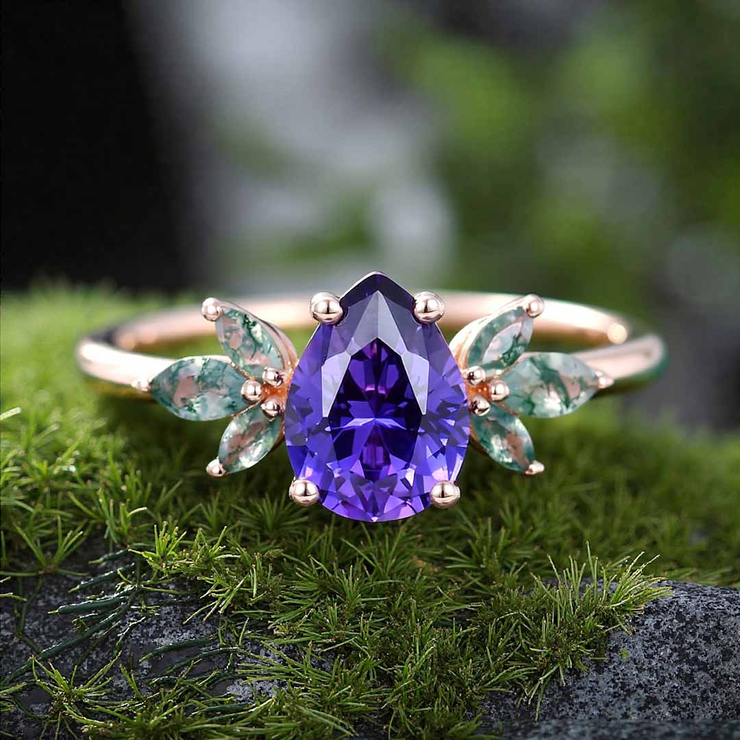 1CT Pear Cut Sona Simulated Diamonds/Moss Agate Engagement Rings In Sterling Silver