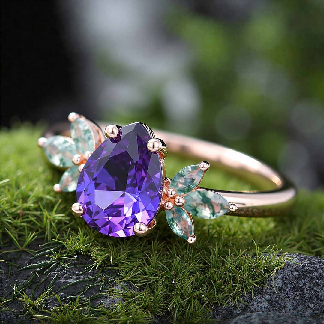 1CT Pear Cut Sona Simulated Diamonds/Moss Agate Engagement Rings In Sterling Silver