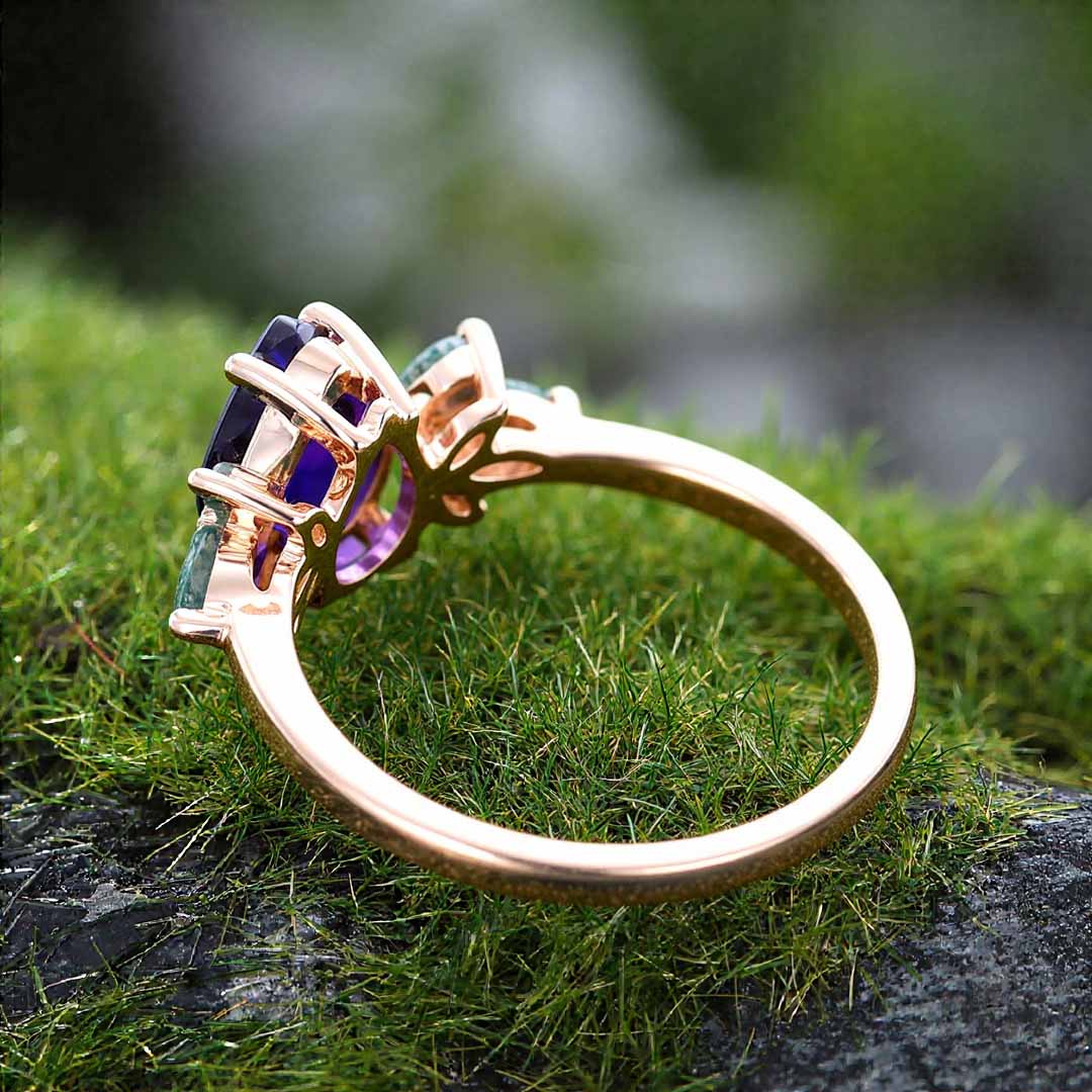 1CT Pear Cut Sona Simulated Diamonds/Moss Agate Engagement Rings In Sterling Silver