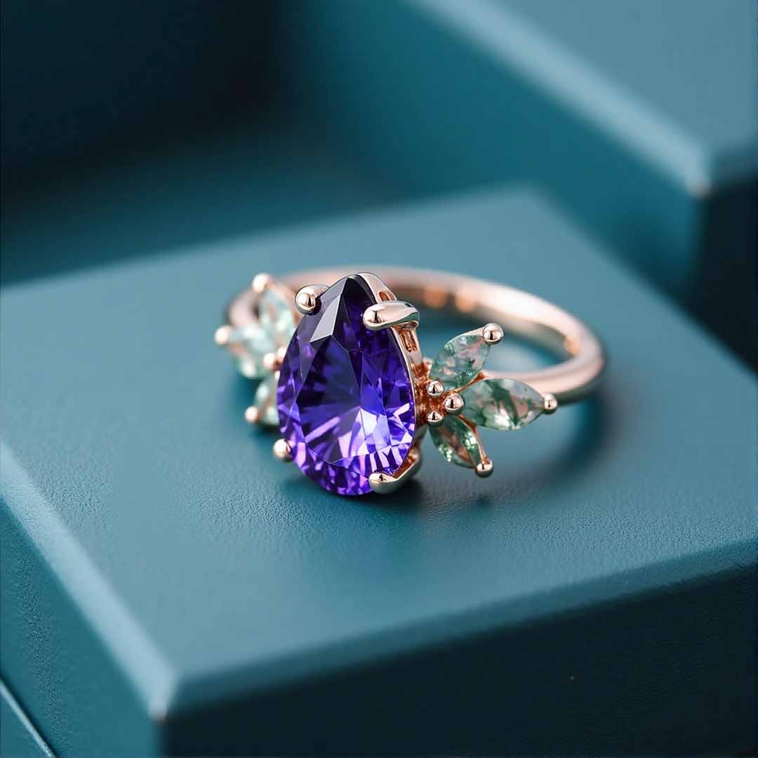 1CT Pear Cut Sona Simulated Diamonds/Moss Agate Engagement Rings In Sterling Silver