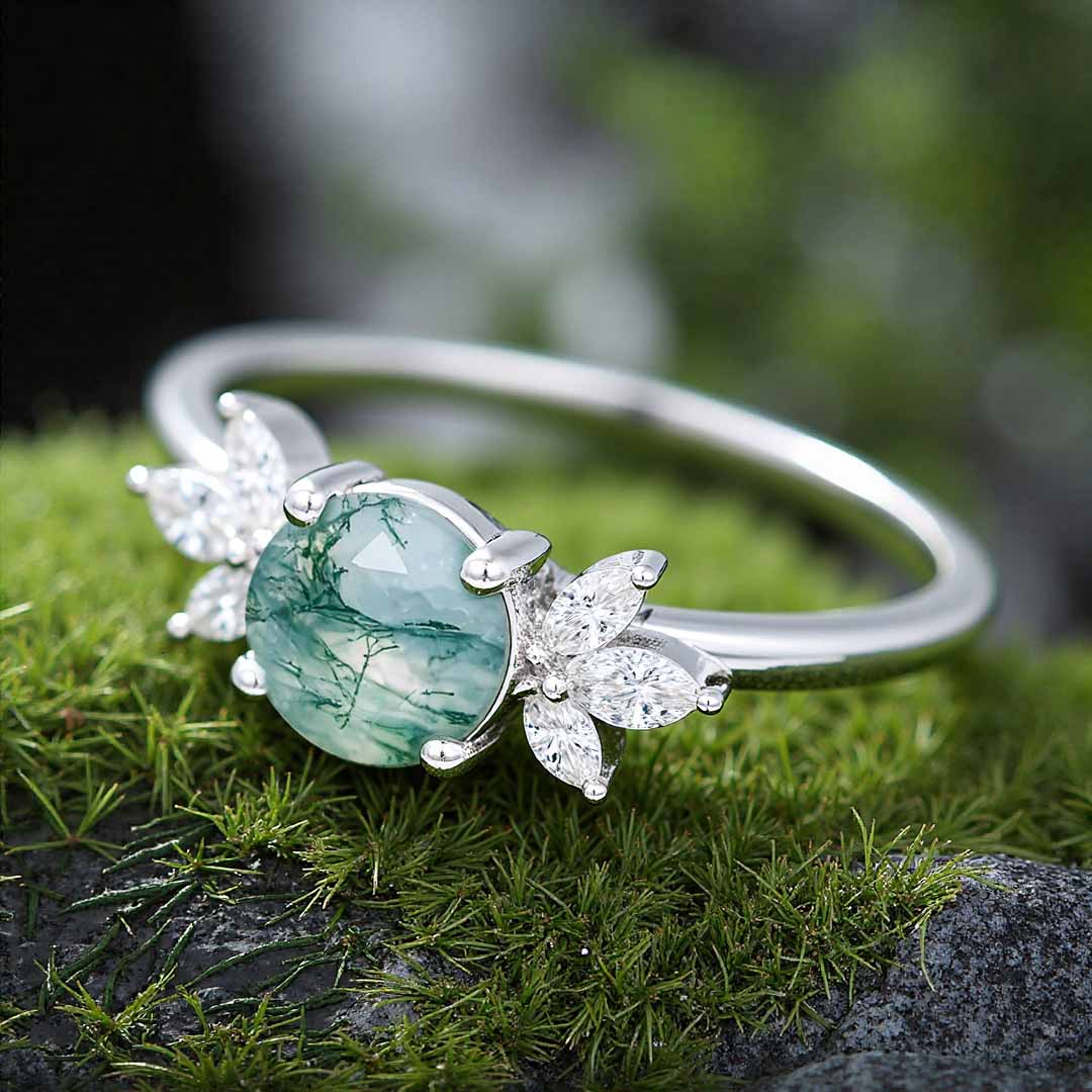 1CT Round Cut Moissanite/Moss Agate Engagement Rings In Sterling Silver