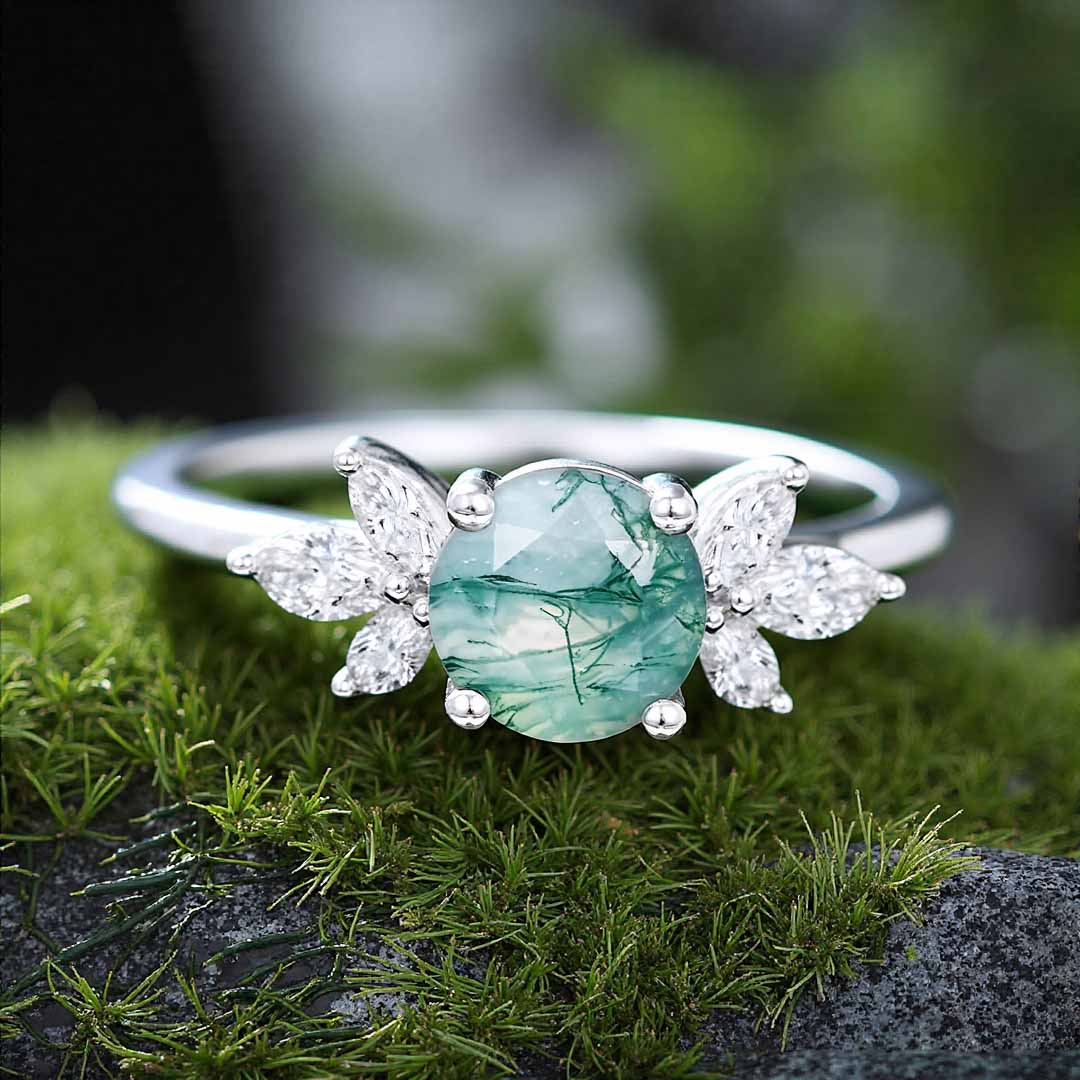1CT Round Cut Moissanite/Moss Agate Engagement Rings In Sterling Silver