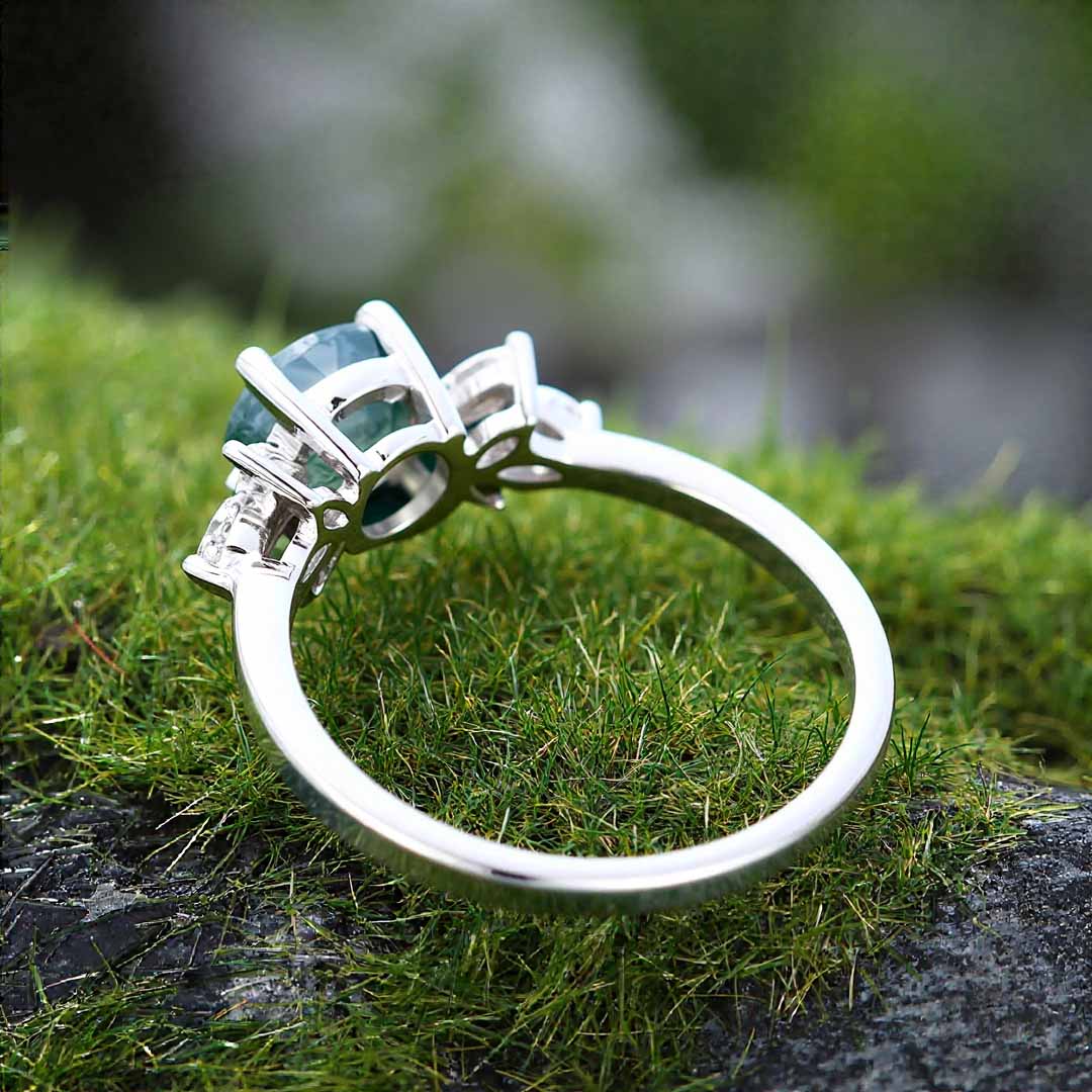 1CT Round Cut Moissanite/Moss Agate Engagement Rings In Sterling Silver