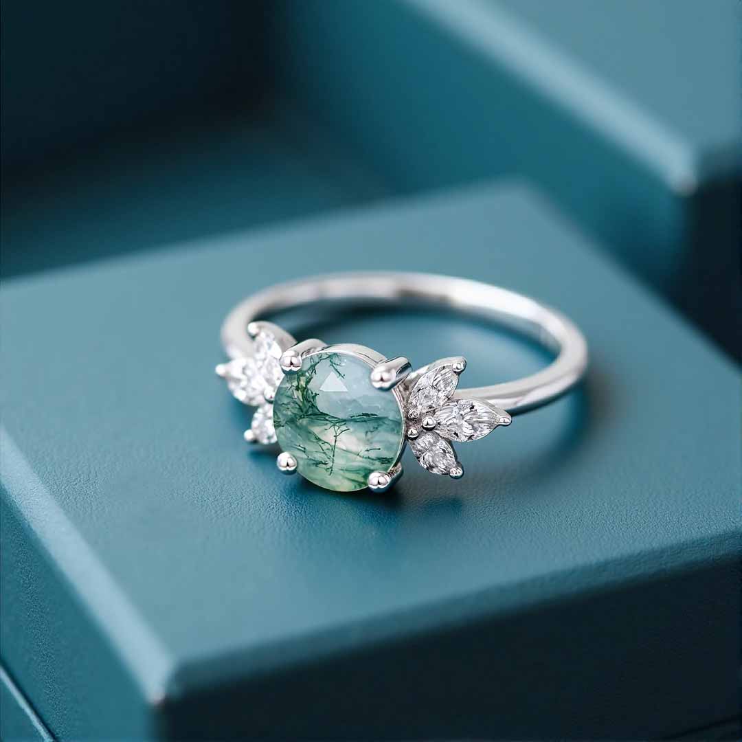 1CT Round Cut Moissanite/Moss Agate Engagement Rings In Sterling Silver