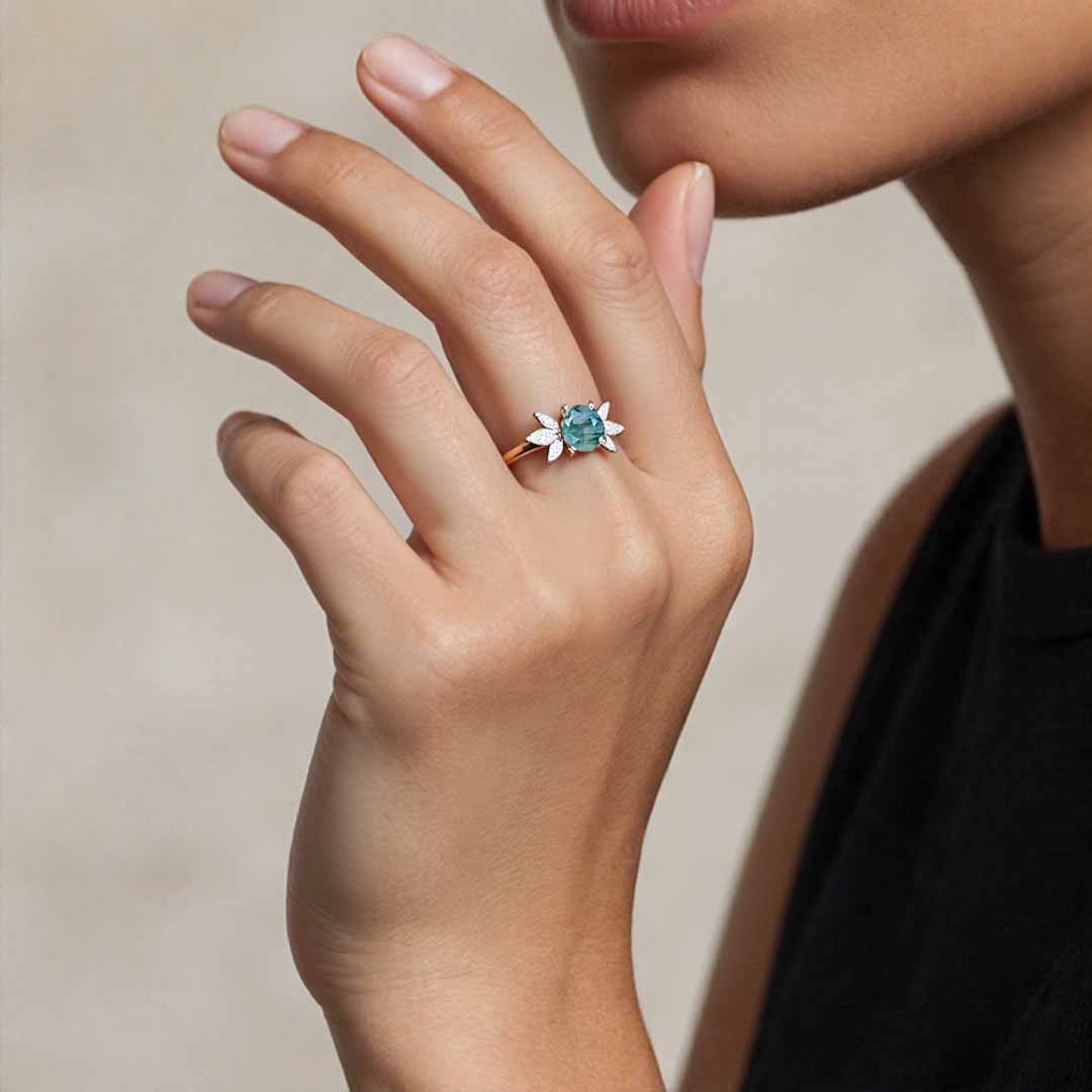 1CT Round Cut Moissanite/Moss Agate Engagement Rings In Sterling Silver