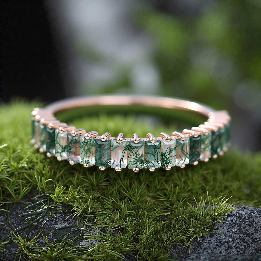 Moss Agate Wedding Bands In Sterling Silver