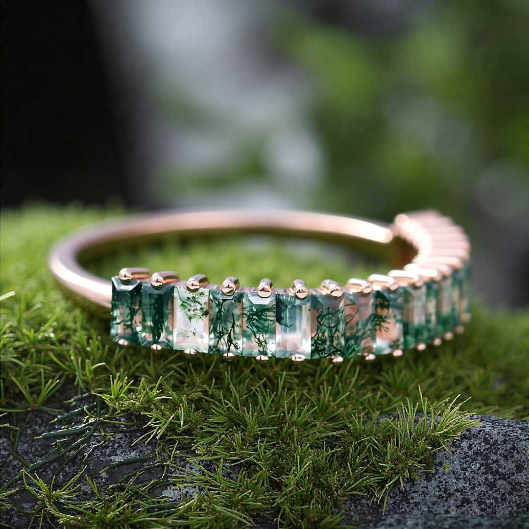 Moss Agate Wedding Bands In Sterling Silver