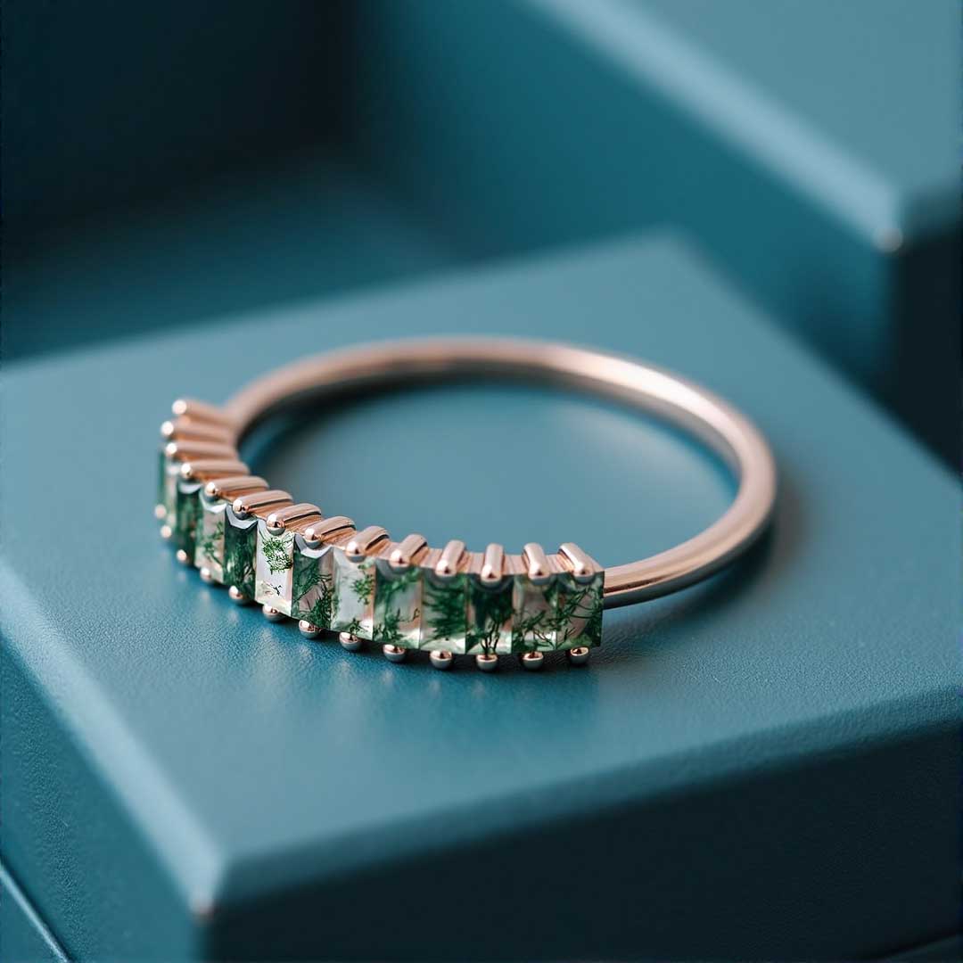 Moss Agate Wedding Bands In Sterling Silver