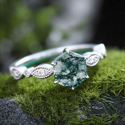 1CT Hexagon Cut Moissanite/Moss Agate Engagement Rings In Sterling Silver