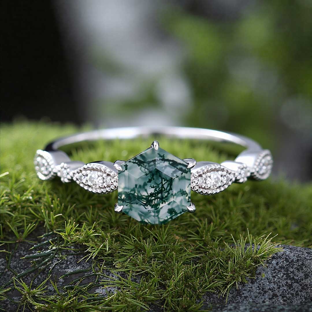 1CT Hexagon Cut Moissanite/Moss Agate Engagement Rings In Sterling Silver
