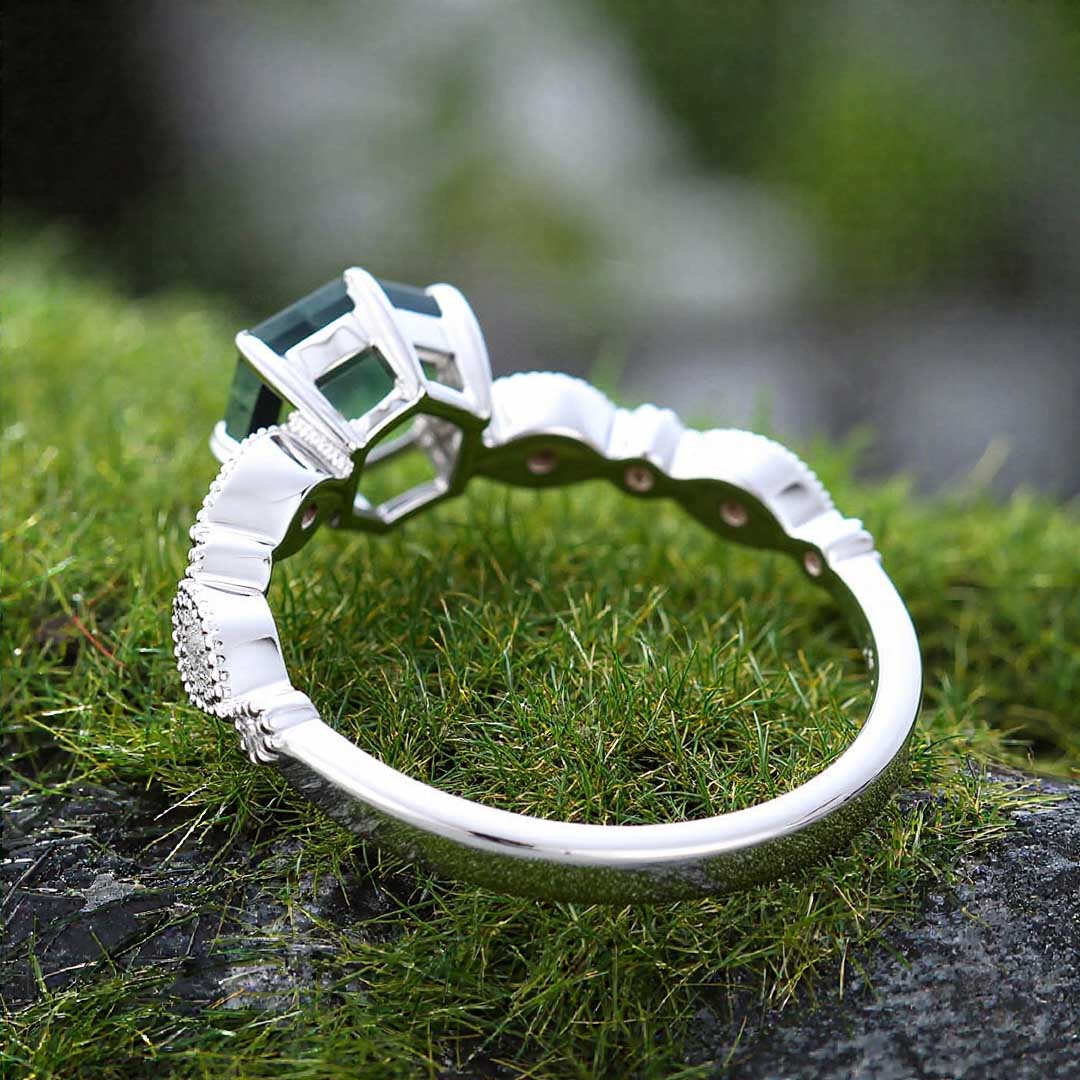 1CT Hexagon Cut Moissanite/Moss Agate Engagement Rings In Sterling Silver