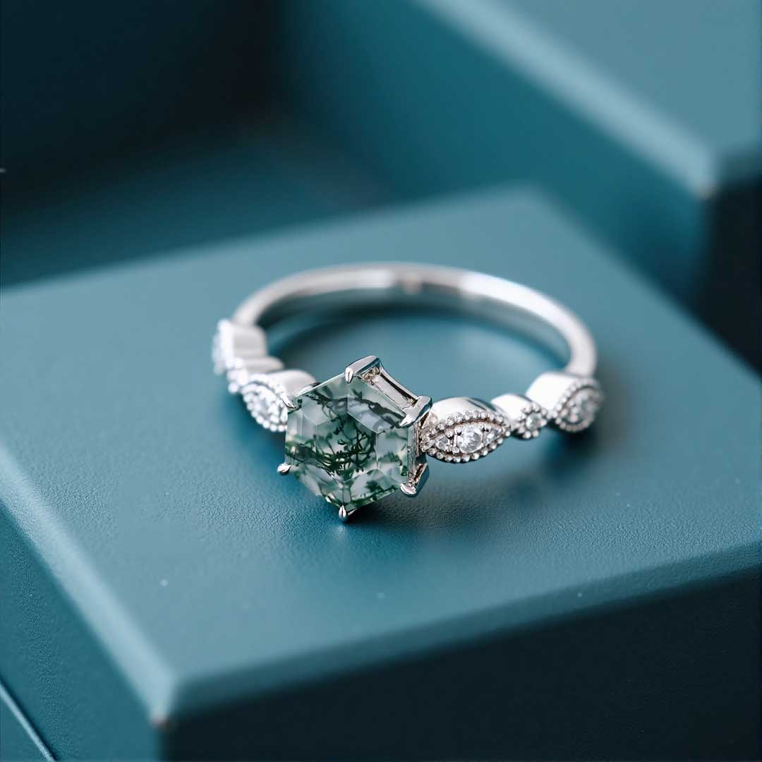 1CT Hexagon Cut Moissanite/Moss Agate Engagement Rings In Sterling Silver