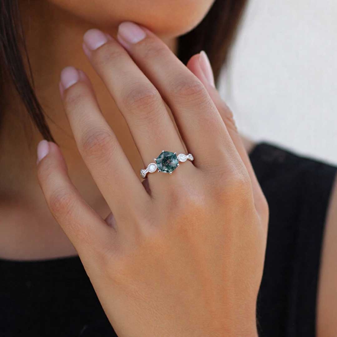 1CT Hexagon Cut Moissanite/Moss Agate Engagement Rings In Sterling Silver