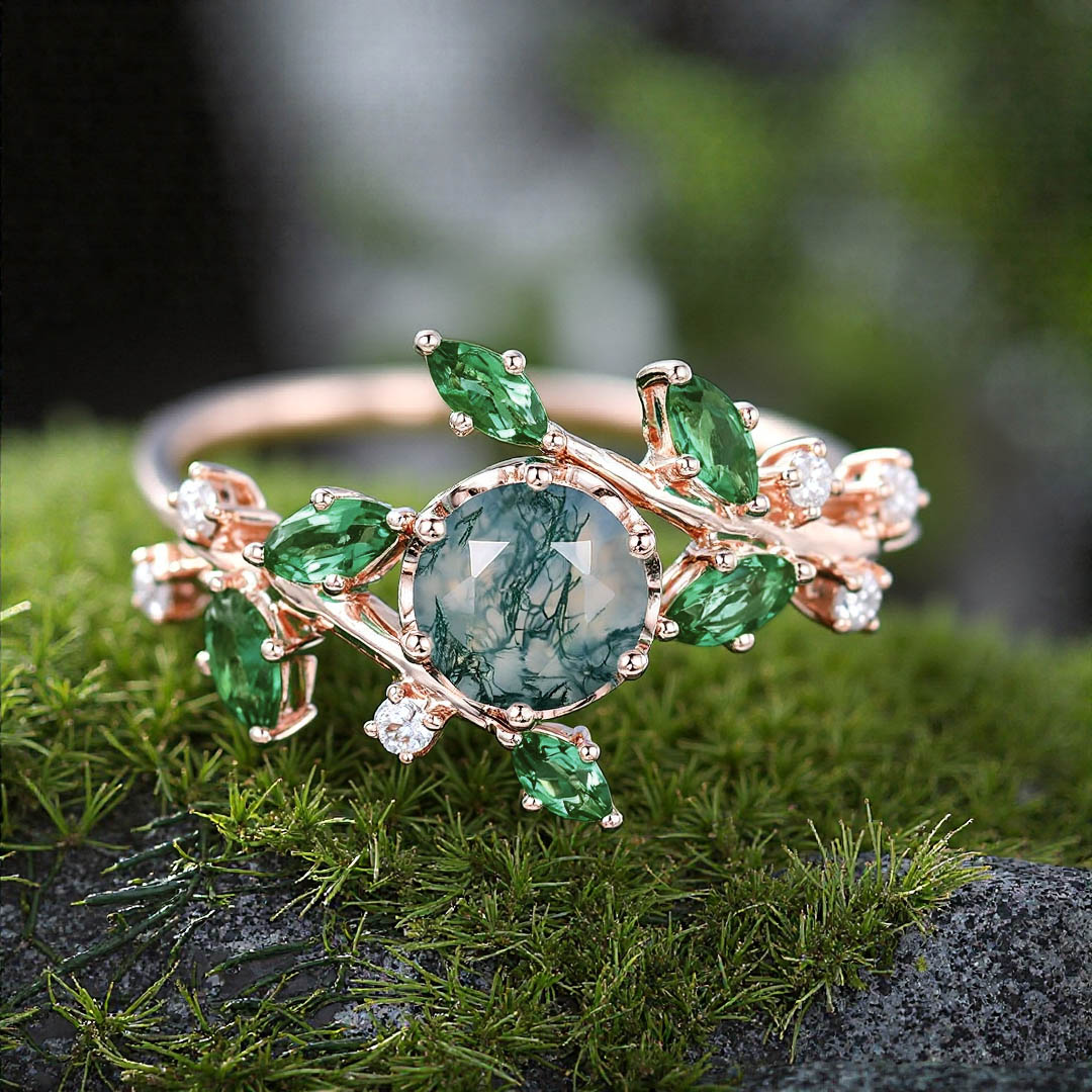 1CT Round Cut Moissanite/Moss Agate Engagement Rings In Sterling Silver