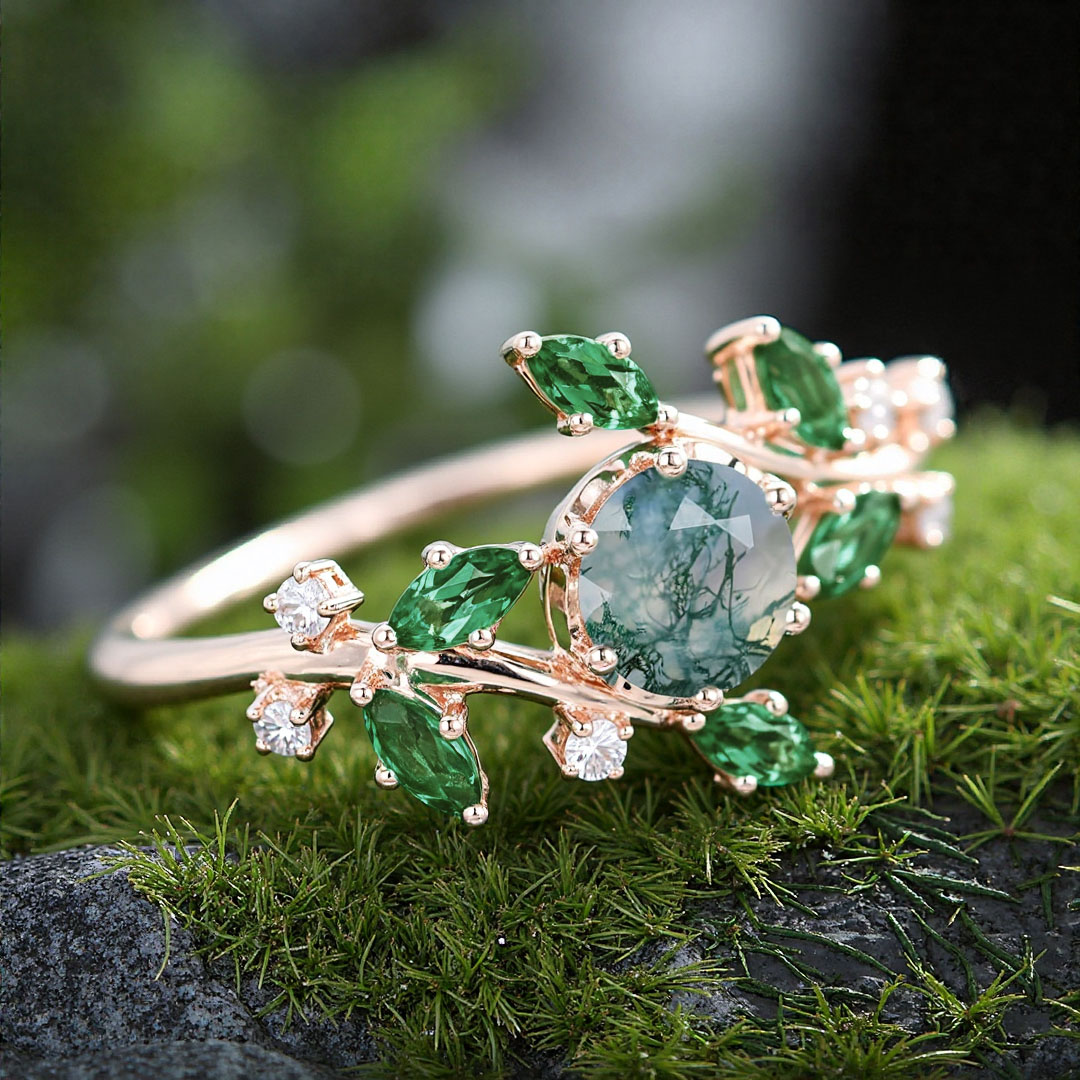 1CT Round Cut Moissanite/Moss Agate Engagement Rings In Sterling Silver