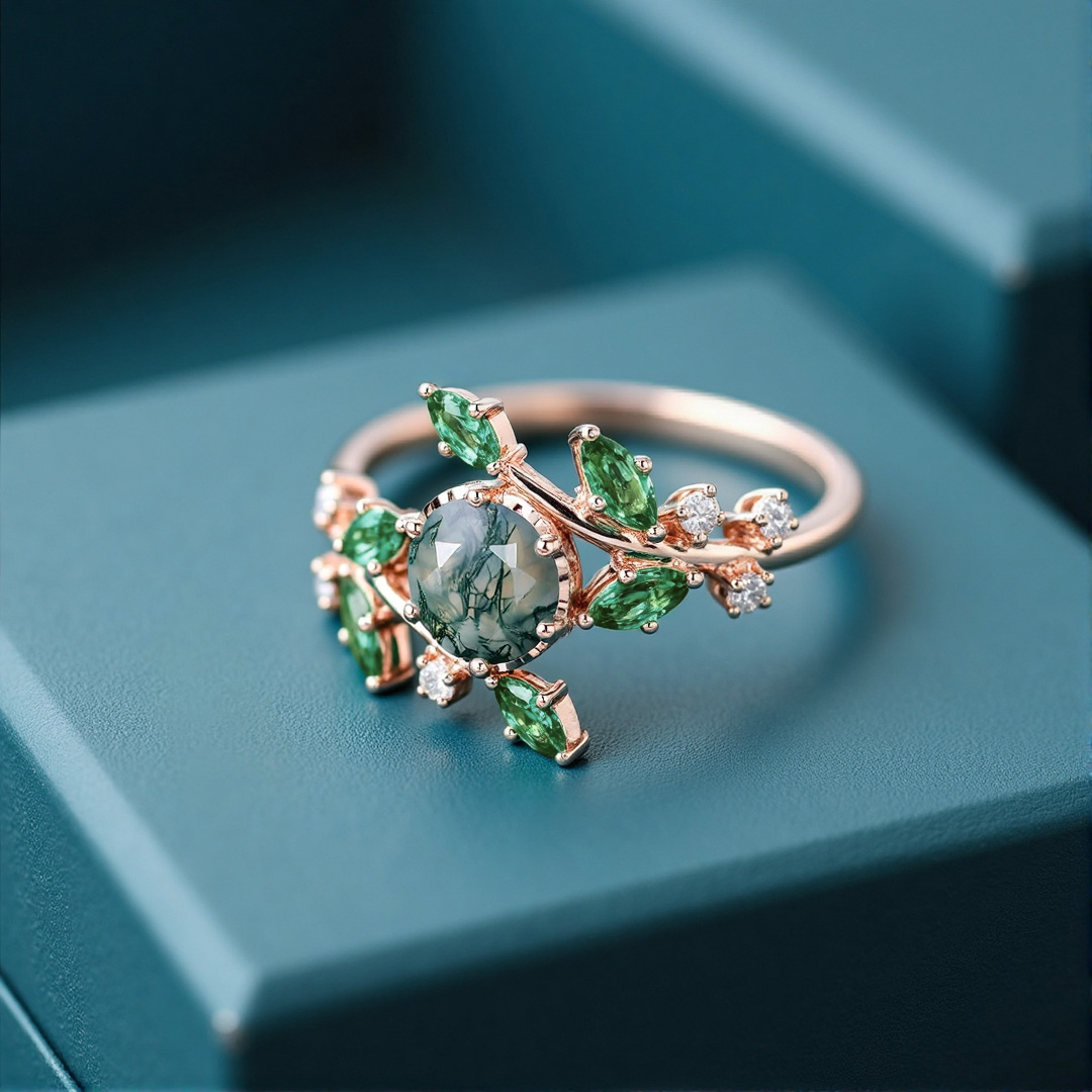 1CT Round Cut Moissanite/Moss Agate Engagement Rings In Sterling Silver