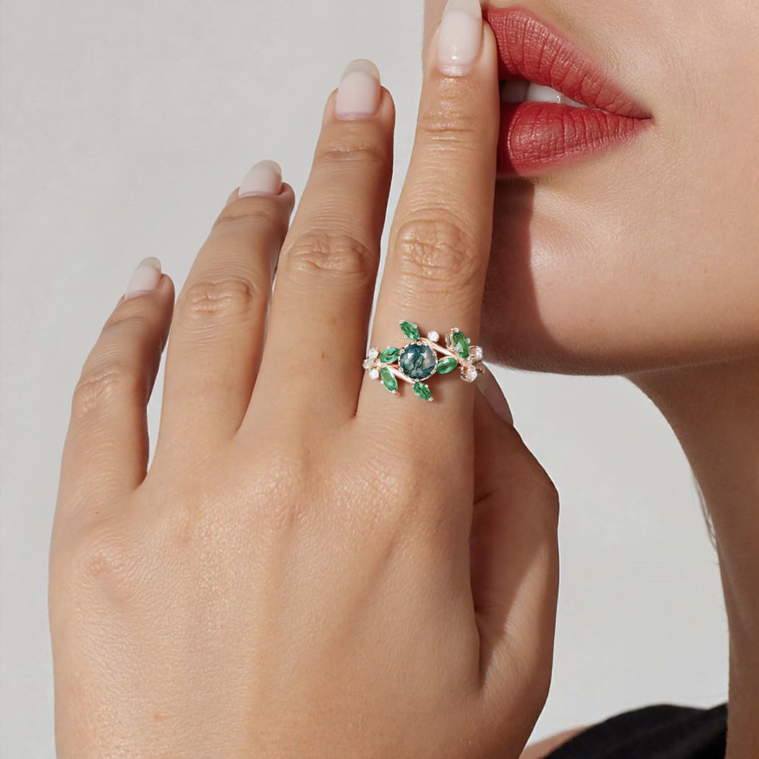 1CT Round Cut Moissanite/Moss Agate Engagement Rings In Sterling Silver