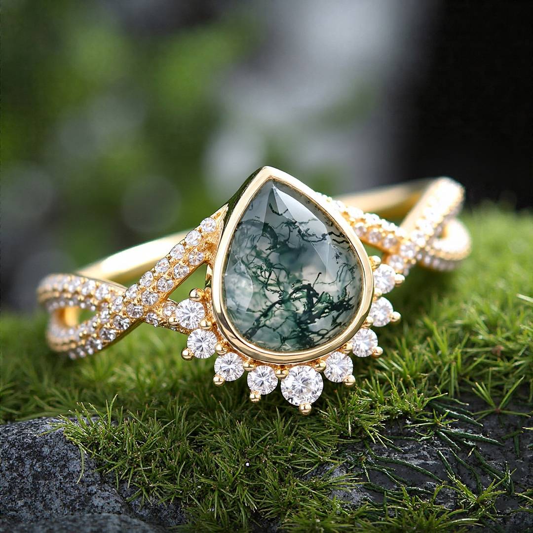1CT Pear Cut Moss Agate Engagement Rings In Sterling Silver