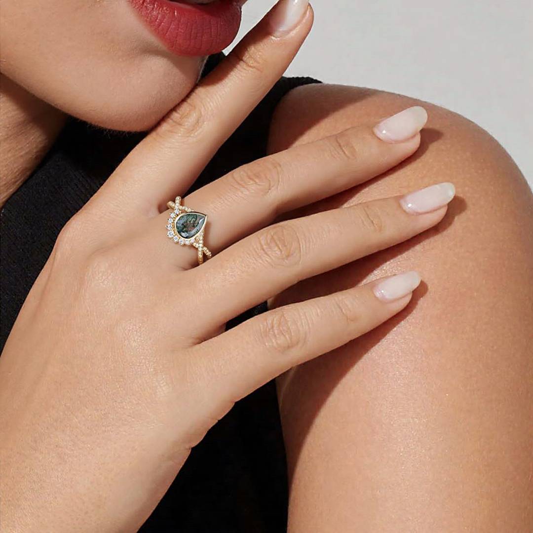 1CT Pear Cut Moss Agate Engagement Rings In Sterling Silver