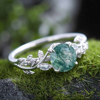 1CT Round Cut Moss Agate Engagement Rings In Sterling Silver
