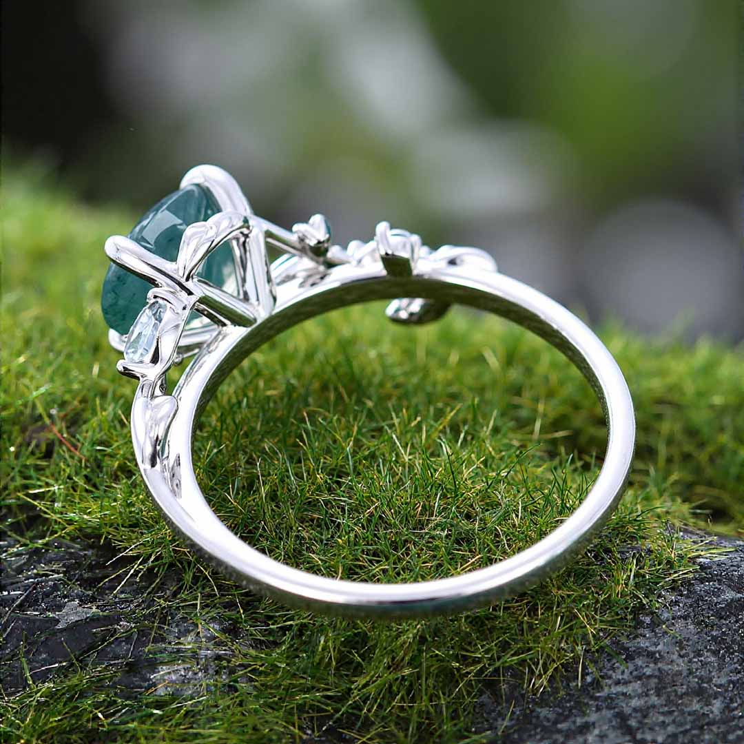 1CT Round Cut Moss Agate Engagement Rings In Sterling Silver