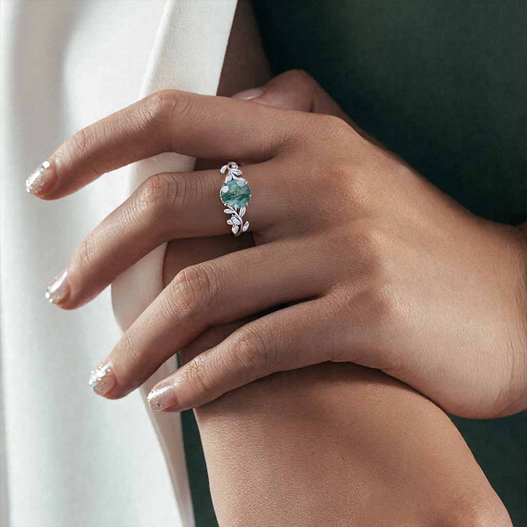 1CT Round Cut Moss Agate Engagement Rings In Sterling Silver