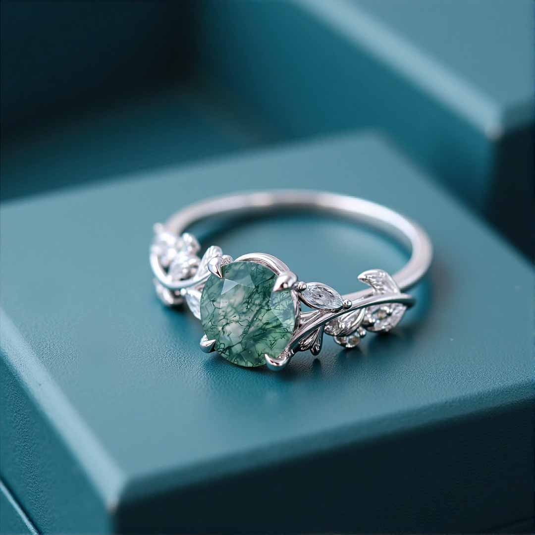 1CT Round Cut Moss Agate Engagement Rings In Sterling Silver