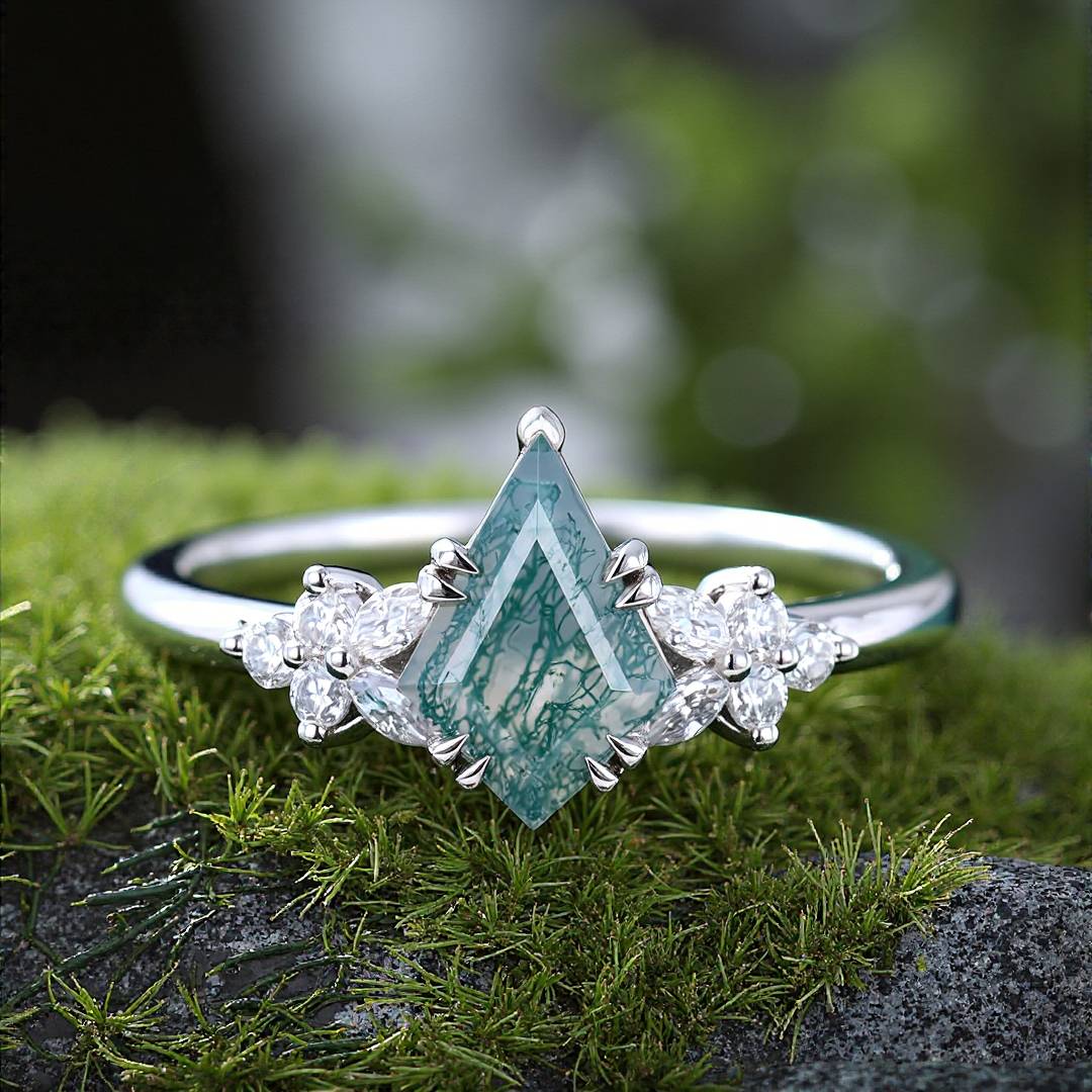 1CT Kite Cut Moss Agate Engagement Rings In Sterling Silver