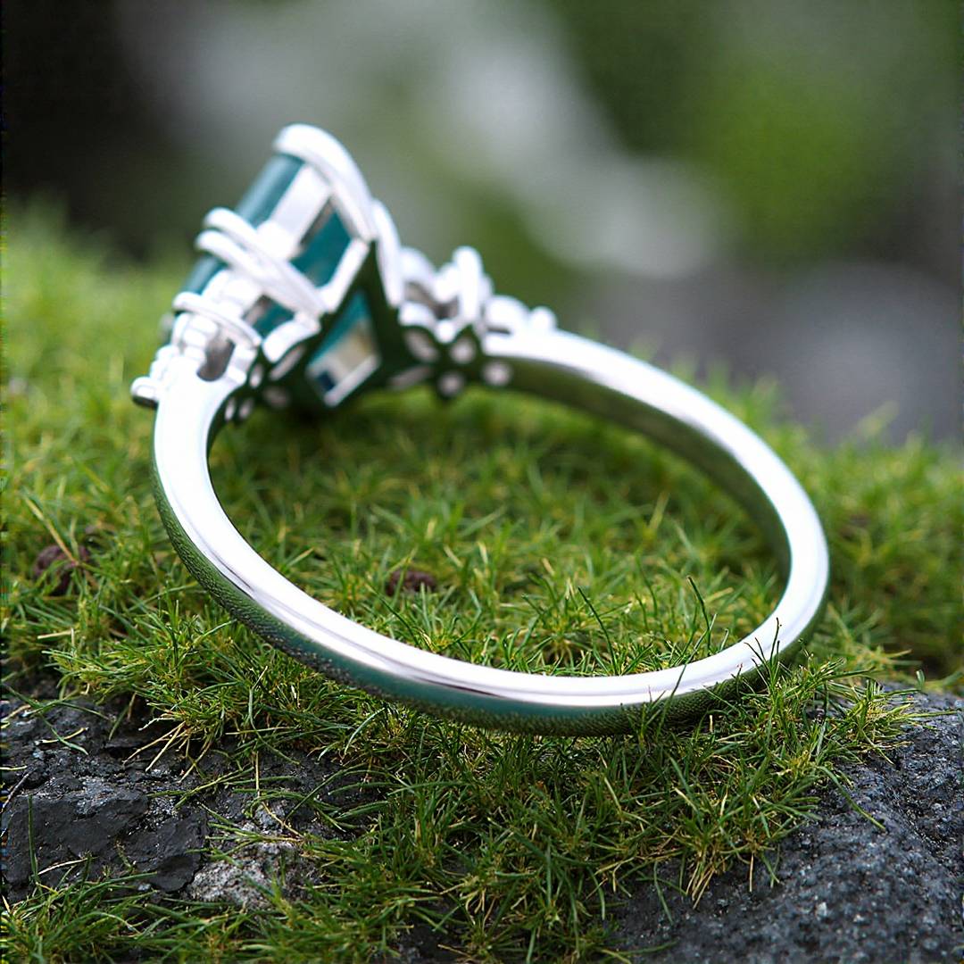 1CT Kite Cut Moss Agate Engagement Rings In Sterling Silver