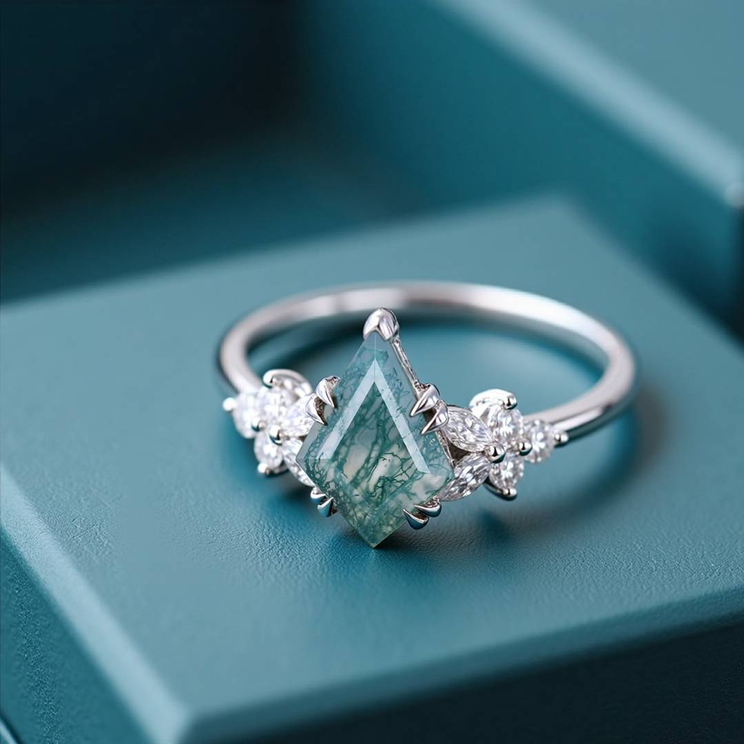 1CT Kite Cut Moss Agate Engagement Rings In Sterling Silver