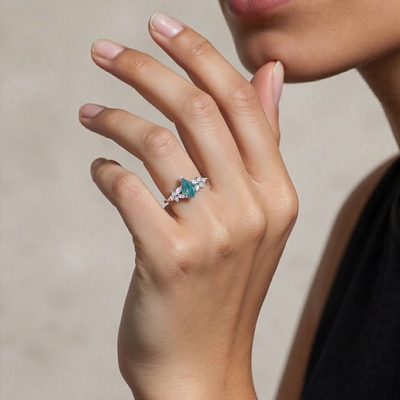 1CT Kite Cut Moss Agate Engagement Rings In Sterling Silver