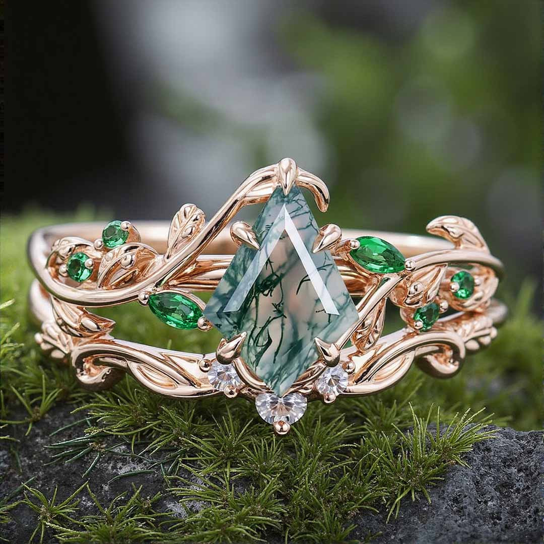 1CT Kite Cut Moss Agate Engagement Rings Sets In Sterling Silver