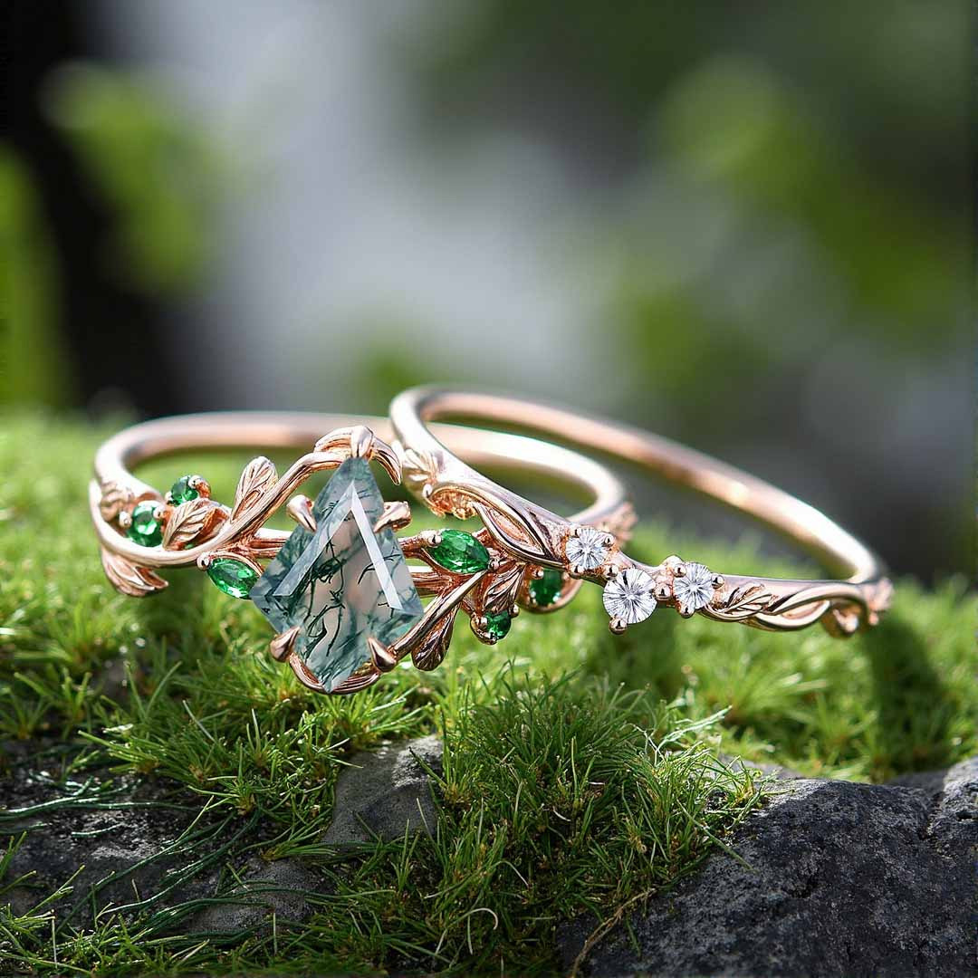 1CT Kite Cut Moss Agate Engagement Rings Sets In Sterling Silver
