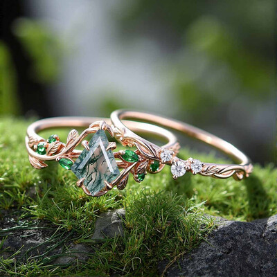 1CT Kite Cut Moss Agate Engagement Rings Sets In Sterling Silver