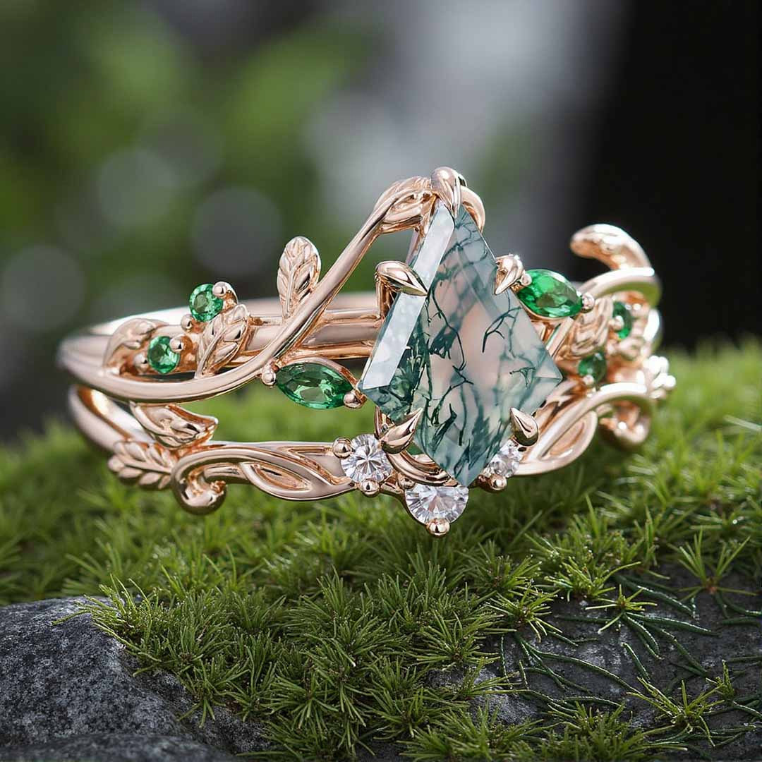 1CT Kite Cut Moss Agate Engagement Rings Sets In Sterling Silver