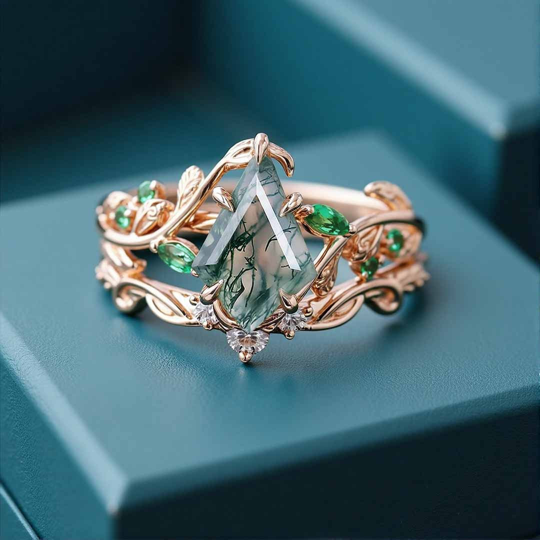 1CT Kite Cut Moss Agate Engagement Rings Sets In Sterling Silver