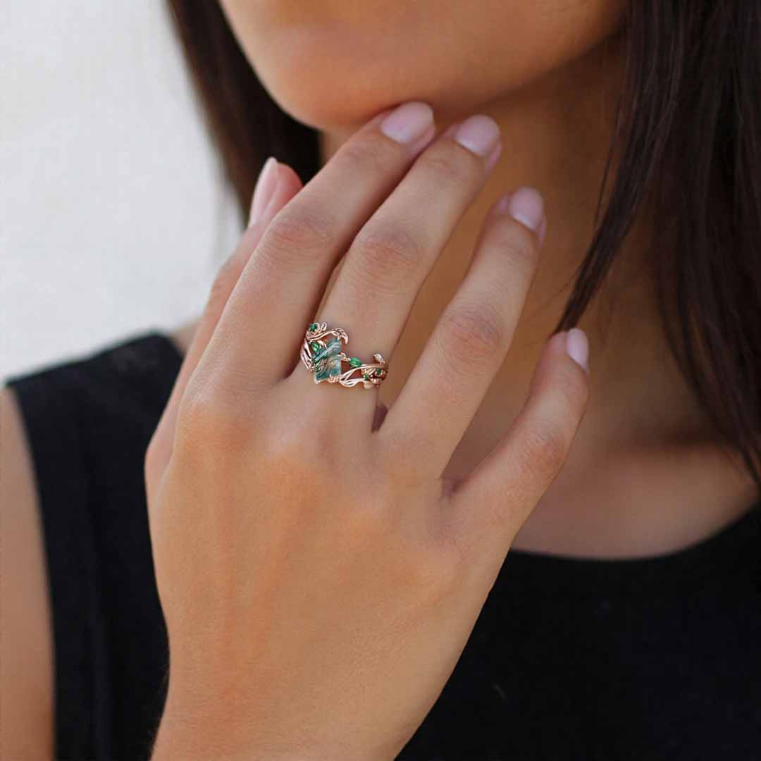 1CT Kite Cut Moss Agate Engagement Rings Sets In Sterling Silver