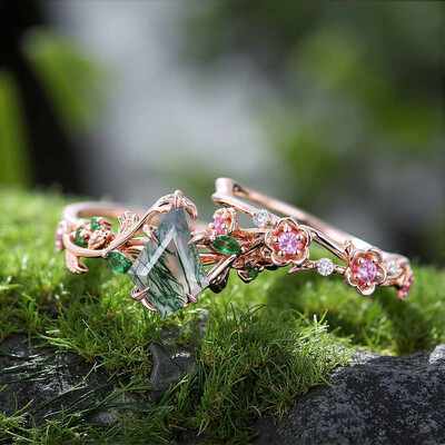 1CT Kite Cut Moss Agate Engagement Rings Sets In Sterling Silver
