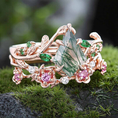1CT Kite Cut Moss Agate Engagement Rings Sets In Sterling Silver
