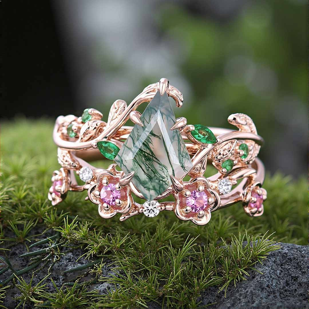 1CT Kite Cut Moss Agate Engagement Rings Sets In Sterling Silver