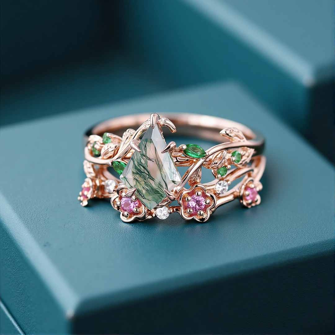 1CT Kite Cut Moss Agate Engagement Rings Sets In Sterling Silver