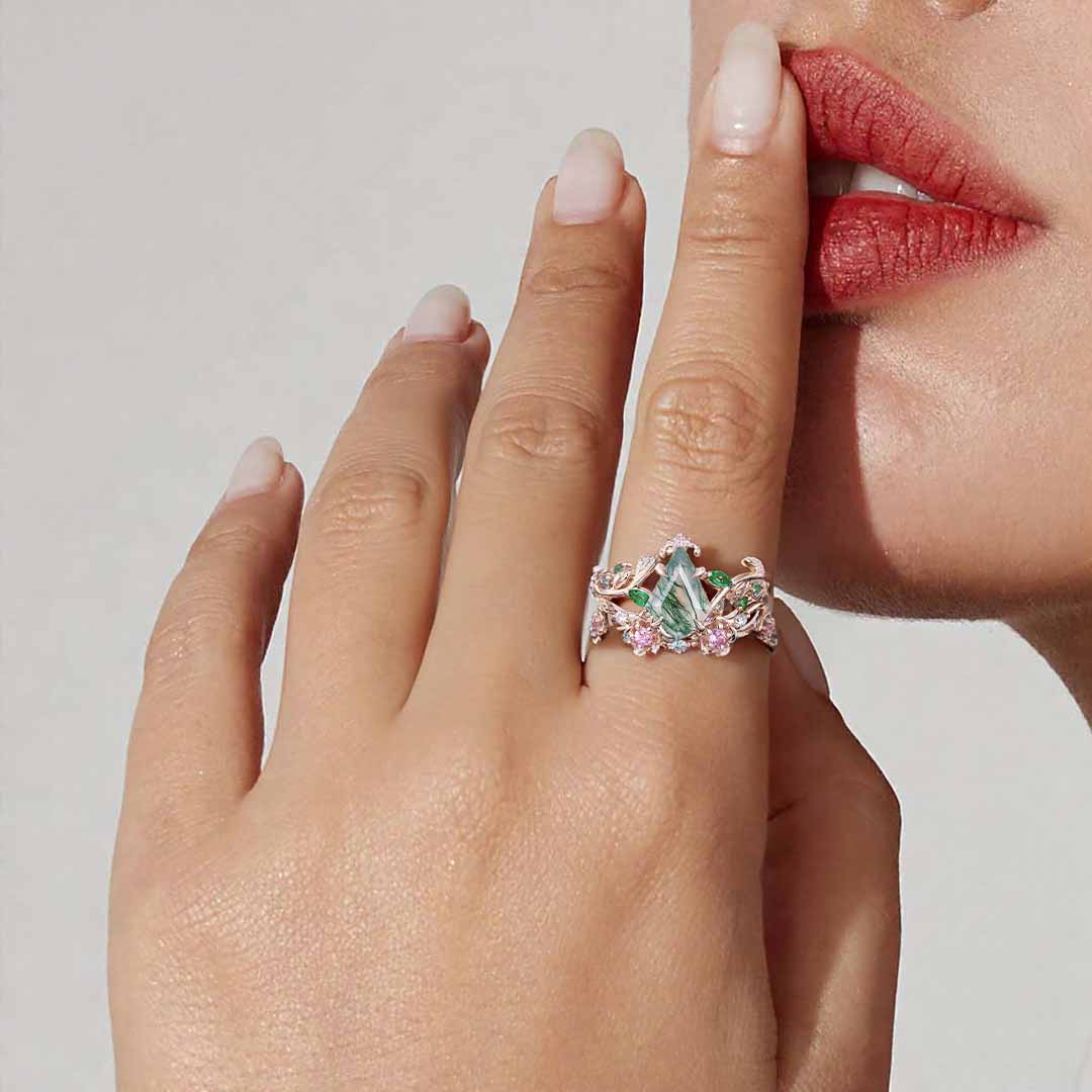 1CT Kite Cut Moss Agate Engagement Rings Sets In Sterling Silver