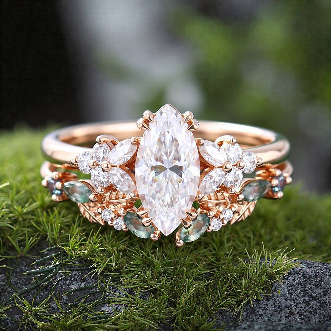 1CT Marquise Cut Moissanite Engagement Rings Sets In Sterling Silver