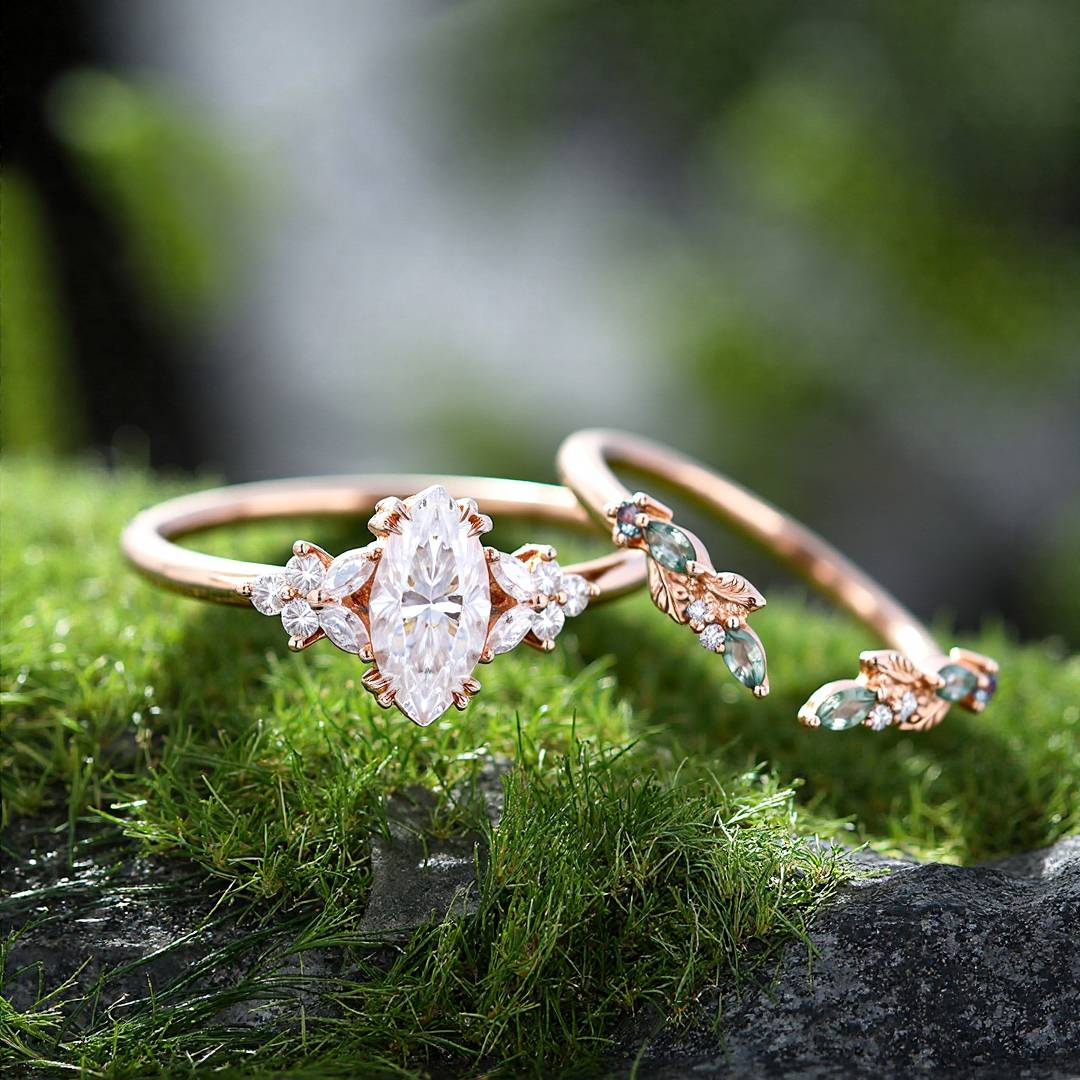 1CT Marquise Cut Moissanite Engagement Rings Sets In Sterling Silver