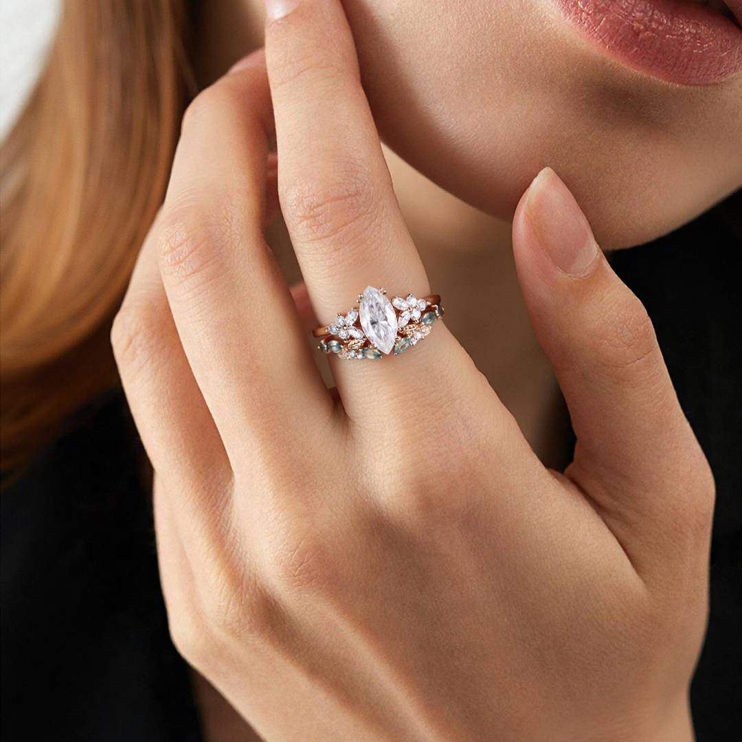 1CT Marquise Cut Moissanite Engagement Rings Sets In Sterling Silver