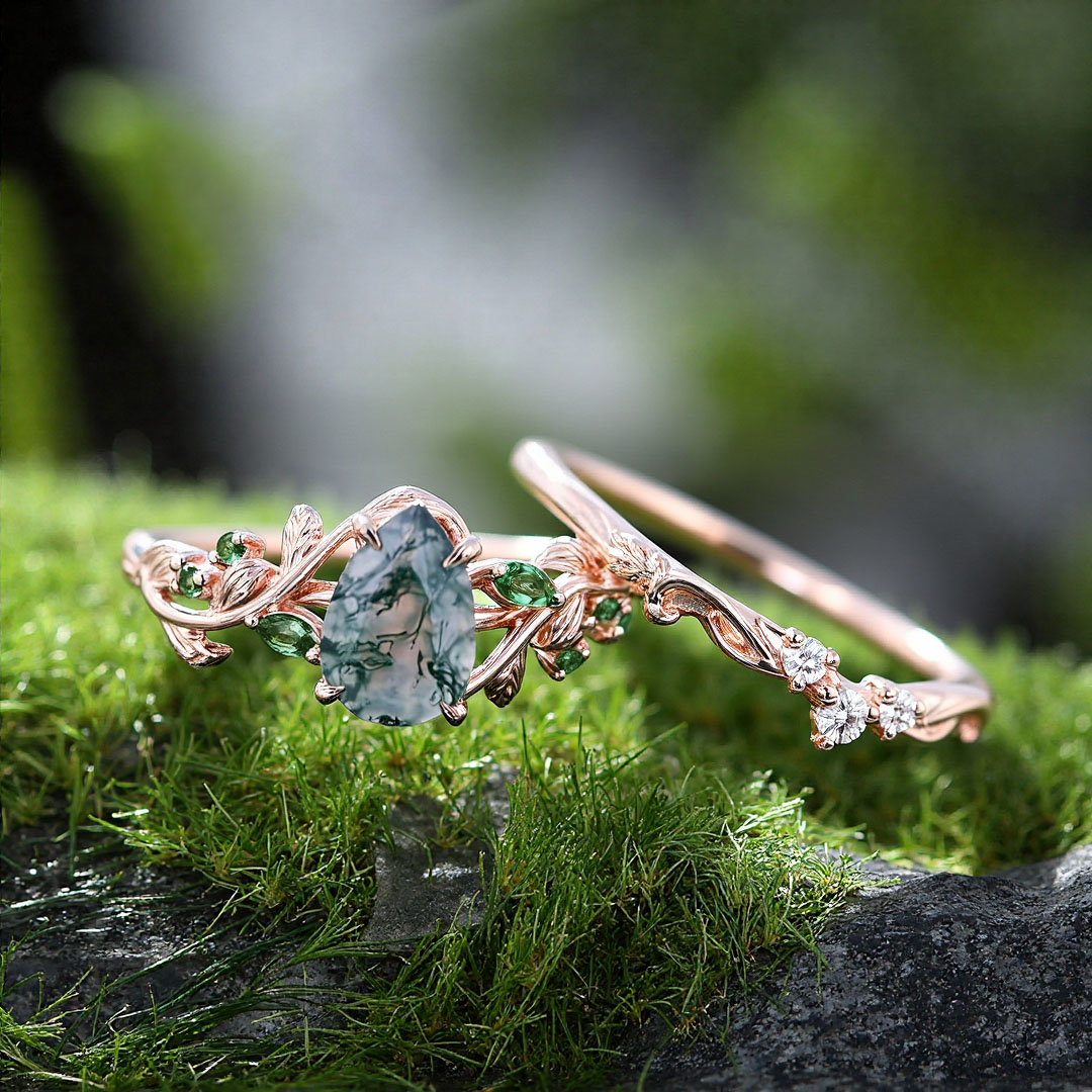 1CT Pear Cut Moss Agate Engagement Rings Sets In Sterling Silver