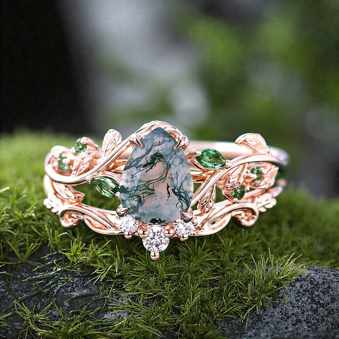 1CT Pear Cut Moss Agate Engagement Rings Sets In Sterling Silver