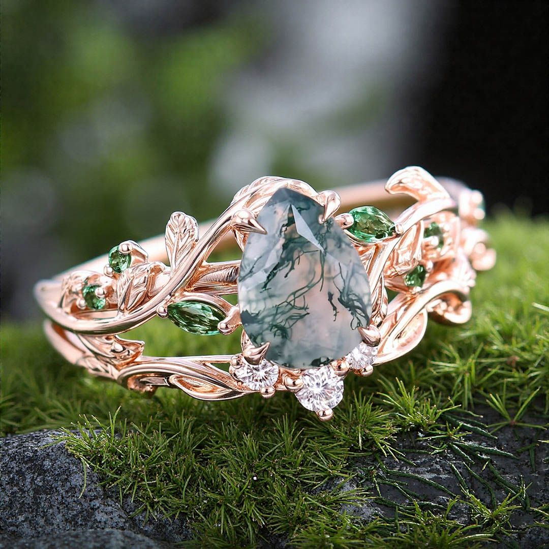 1CT Pear Cut Moss Agate Engagement Rings Sets In Sterling Silver