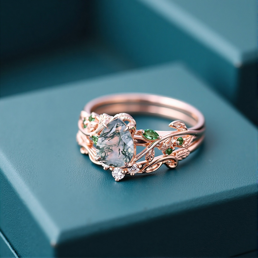 1CT Pear Cut Moss Agate Engagement Rings Sets In Sterling Silver