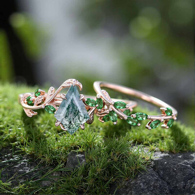 1CT Kite Cut Moss Agate Engagement Rings Sets In Sterling Silver